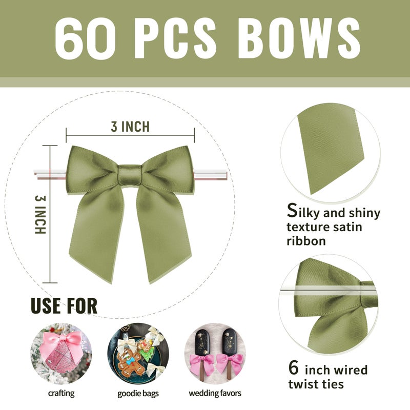 Rainbow Pana 60 Pack Twist Tie Bows for Treat Bags 3"" Sage Green Satin Ribbon Bows for Package Craft Gift Wrapping Decoration  St Patricks Day - Image 3